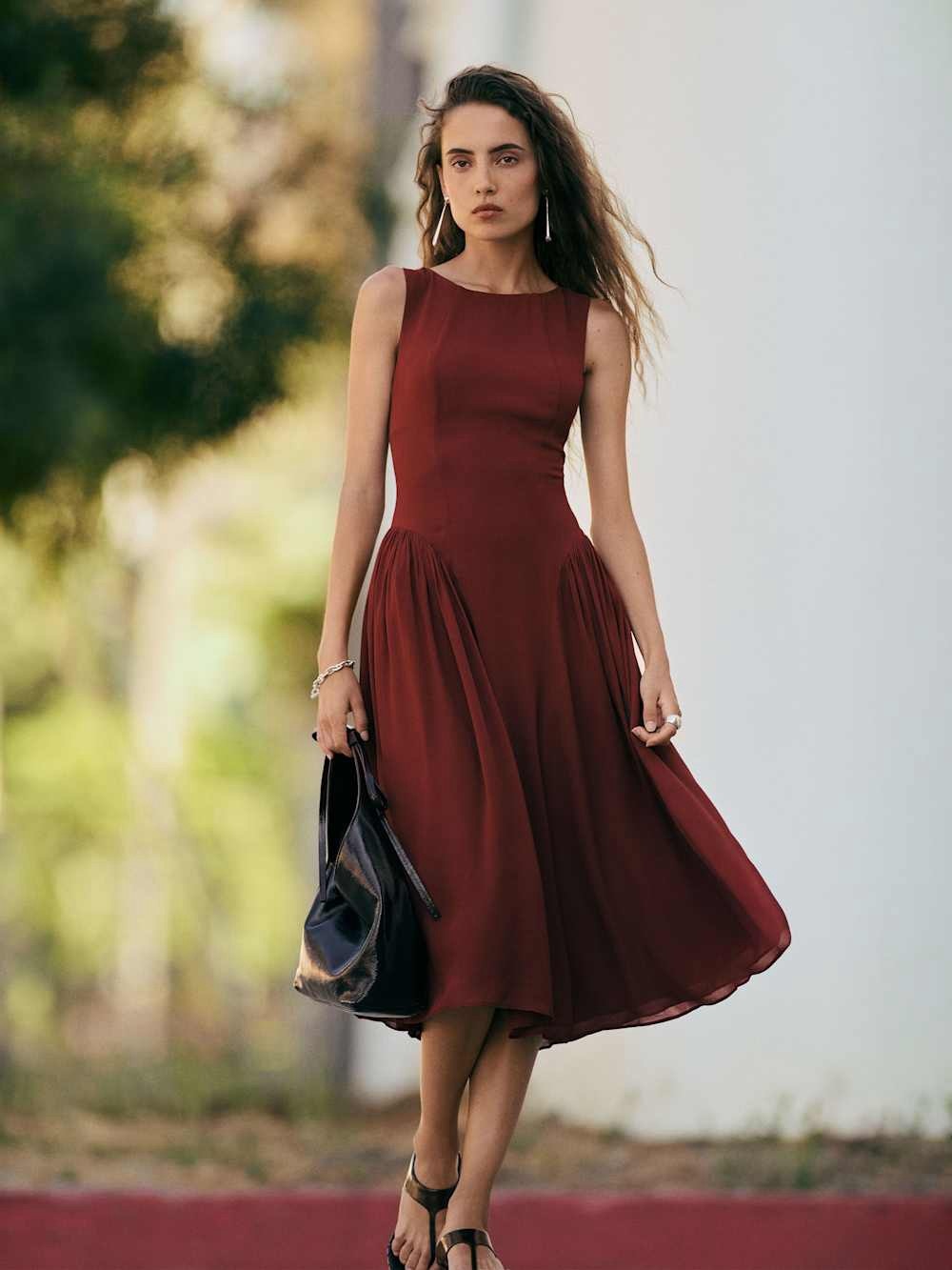 Reformation Midi Dress in Deep Burgundy - Picture 2 of 7